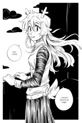 Rule 34 | 1girl, absurdres, animal ears, antlers, arms up, buck teeth, cloud, commentary, deer antlers, deer ears, deer girl, deer tail, deltarune, empty eyes, english commentary, english text, freckles, goomyloid, greyscale, highres, horns, long hair, long skirt, looking at viewer, monochrome, noelle holiday, open mouth, reindeer girl, skirt, sleeve cuffs, smile, solo, solo focus, speech bubble, standing, sweater vest, tail, teeth, utdr (toby fox), weird route (deltarune)