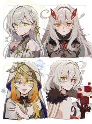 5girls ahoge asmoday_(genshin_impact) bare_shoulders black_dress bodystocking braid cowlick dress eye_hair_ornament eye_symbol fur_trim genshin_impact gloves gradient_hair hair_between_eyes hair_intakes highres hood istaroth_(genshin_impact) kawachi_rin long_hair looking_at_viewer messy_hair mismatched_pupils multicolored_hair multiple_girls naberius_(genshin_impact) rhinedottir_(genshin_impact) ronova_(genshin_impact) side_ahoge star_(symbol) symbol-shaped_pupils upper_body veil white_hair white_veil yellow_eyes