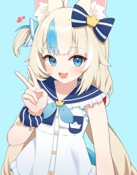 1girl :d absurdres animal_ear_fluff animal_ears blonde_hair blue_background blue_eyes blue_hair blush bow cat_ears cat_girl fang hair_between_eyes highres indie_virtual_youtuber long_hair looking_at_viewer multicolored_hair open_mouth sailor_collar sameko_saba simple_background skirt smile solo sprout_(haji_s) streaked_hair tail virtual_youtuber