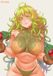1girl arimatang artist_name bare_shoulders bikini boku_no_hero_academia breasts breasts_apart closed_mouth collarbone commentary covered_erect_nipples curly_hair deku&#039;s_photo_of_hagakure_toru english_commentary gloves gradient_background green_bikini green_eyes green_gloves green_hair grey_background groin hagakure_toru highres large_breasts lips looking_at_viewer messy_hair navel pointing pointing_at_self signature solo sweat swimsuit turtleneck_bikini_top
