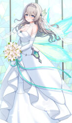 1girl absurdres alternate_costume aqua_hair bare_shoulders blush bouquet breasts bridal_veil cleavage closed_mouth commentary_request dress elbow_gloves firefly_(honkai:_star_rail) flower full_body gloves gradient_hair grey_hair hair_between_eyes hair_ornament highres holding holding_bouquet honkai:_star_rail honkai_(series) large_breasts long_hair looking_at_viewer multicolored_hair oguraponti purple_eyes sleeveless sleeveless_dress smile solo standing tiara veil very_long_hair white_dress white_flower white_gloves