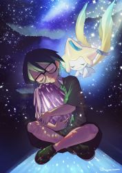 1boy ata_(ataru_hoyama) black-framed_eyewear closed_eyes closed_mouth commentary_request gen_3_pokemon glasses green_footwear green_hair green_shirt highres holding jirachi knees legendary_pokemon male_focus max_(pokemon) mythical_pokemon nintendo pokemon pokemon:_jirachi:_wish_maker pokemon_(anime) pokemon_(creature) pokemon_rse_(anime) shirt shoes short_hair short_sleeves shorts sitting smile