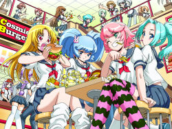 6+girls x_mouth ^_^ astro_mariah astromeria blonde_hair blue_eyes blue_hair blush breasts brown_eyes brown_hair burger closed_eyes cosmic_break crimrose destruct_girl destructor_girl drill_hair eating eyepatch female_focus food french_fries green_eyes green_hair grey_hair hair_ornament hairclip jikun_hu jikun_long lazflamme legs lily_rain long_hair looking_back lovezawa mall maril_march mecha_jetter_girl miniskirt misty_hollow multiple_girls one_eye_closed open_mouth orange_hair original pink_hair ponytail purple_hair red_eyes red_hair rei_(cosmic_break) school_uniform shino_exroad short_hair skirt smile soar_la_nimbus striped_clothes striped_legwear striped_thighhighs tesladonna thighhighs thoarla_nimbus waving winberrl winberyll