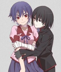 Rule 34 | 1boy, 1girl, absurdres, bandaged arm, bandages, black eyes, black gloves, black hair, black jacket, black pants, blue hair, bob cut, brown eyes, closed mouth, collared shirt, commentary request, cowboy shot, embarrassed, gakuran, gloves, grey background, hand on another&#039;s arm, highres, jacket, kanbaru suruga, long sleeves, looking at another, manimani (mani ma), monogatari (series), naoetsu high school uniform, oshino ougi, pale skin, pants, pink shirt, pleated skirt, school uniform, shirt, short hair, short sleeves, simple background, skirt, smile, standing, sweatdrop