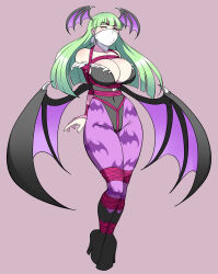 1girl animal_print bat_print bdsm black_boots blue_hair blunt_bangs bondage boots bound breasts cloth_gag darkstalkers demon_girl demon_wings full_body gag gagged green_hair head_wings high_heel_boots high_heels highres improvised_gag jam-orbital large_breasts long_hair looking_at_viewer morrigan_aensland over_the_nose_gag pantyhose purple_pantyhose shibari solo wings