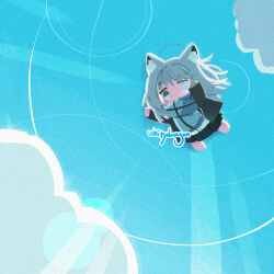 1girl animal_ears artist_name black_jacket black_skirt blue_archive blue_eyes blue_halo blue_scarf chibi closed_mouth commentary cross cross_hair_ornament dot_mouth hair_ornament halo jacket latin_cross long_sleeves pleated_skirt scarf shiroko_(blue_archive) signature skirt solo whitydragon wolf_ears wolf_girl