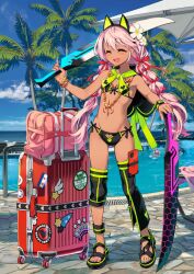 3girls :d animal_ear_hairband animal_ears aqua_nails asymmetrical_legwear bare_arms bead_bracelet bead_necklace beads bikini black_bikini black_capelet black_sandals blue_sky blush bow bracelet capelet cat_ear_hairband cat_ears chloe_von_einzbern chloe_von_einzbern_(swimsuit_avenger) chloe_von_einzbern_(swimsuit_avenger)_(second_ascension) closed_eyes clothing_cutout cloud dark-skinned_female dark_skin day detached_leggings dual_wielding fake_animal_ears fangs fate/grand_order fate_(series) fingernails flower front-tie_bikini_top front-tie_top full_body game_cg green_ribbon groin hair_bow hair_flower hair_ornament hairband hand_up heart_cutout hiroyama_hiroshi holding holding_sword holding_weapon honeycomb_(pattern) illyasviel_von_einzbern illyasviel_von_einzbern_(swimsuit_archer) illyasviel_von_einzbern_(swimsuit_archer)_(second_ascension) jewelry kanshou_&amp;_bakuya_(fate) legs_apart long_hair low_twintails miyu_edelfelt multi-tied_hair multicolored_nails multiple_bracelets multiple_girls multiple_necklaces nail_polish navel necklace official_art open_mouth outdoors over_shoulder palm_tree partially_unzipped pink_hair pink_nails planted planted_sword planted_weapon platform_sandals pool poolside red_bow red_tattoo ribbon rolling_suitcase sandals side-tie_bikini_bottom skin_fangs sky smile solo_focus standing stomach stomach_tattoo suitcase swimsuit sword tattoo third-party_source toenails toes tree twintails variant_set watch weapon weapon_over_shoulder white_flower wide_sleeves wristwatch zipper_pull_tab
