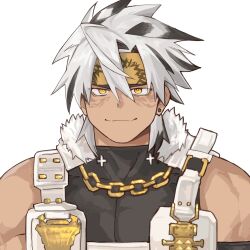 1boy arknights bara black_shirt blood_w cador_(arknights) chinese_commentary closed_mouth commentary_request ear_piercing headband highres looking_at_viewer male_focus multicolored_hair muscular muscular_male piercing shirt sleeveless sleeveless_shirt smile upper_body vest white_background white_vest yellow_headband