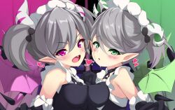 2girls arianna_the_labrynth_servant arianne_the_labrynth_servant black_tail blush breast_press breasts covered_erect_nipples demon_girl demon_horns demon_tail duel_monster green_eyes green_tail grey_hair highres horns looking_at_viewer medium_breasts missing_commentary multiple_girls pointy_ears purple_eyes purple_tail shirogane_haku striped_tail symmetrical_docking symmetry tail twintails two-tone_tail upper_body yu-gi-oh!