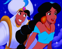 1boy 1girl aladdin_(disney) aladdin_(movie) arabian_clothes bare_shoulders black_hair brown_eyes dark-skinned_female dark_skin earrings harem_outfit jasmine_(disney) jewelry long_hair looking_at_viewer multi-tied_hair necklace nyamunekonabe off_shoulder shirt smile toon_(style) very_long_hair