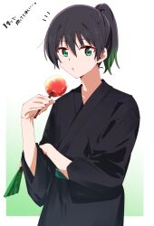 1girl :t black_hair black_kimono commentary_request folded_fan folding_fan gradient_background gradient_hair green_eyes green_hair hair_between_eyes hand_fan hand_on_own_arm high_ponytail highres holding holding_candy_apple holding_fan japanese_clothes kimono looking_at_viewer love_live! love_live!_nijigasaki_high_school_idol_club multicolored_hair notice_lines obi official_alternate_costume official_alternate_hairstyle ponytail sash solo takasaki_yu translation_request two-tone_hair upper_body wakahima yukata