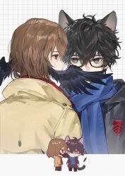 Rule 34 | 2boys, akechi gorou, amamiya ren, animal ears, bird boy, black-framed eyewear, black coat, black eyes, black hair, black wings, blue scarf, brown hair, cat boy, cat ears, cat tail, chibi, chibi inset, coat, doran (doran7280), eye contact, eyelashes, falling feathers, feathered wings, feathers, glasses, grey eyes, hair between eyes, head wings, highres, hood, hood down, hooded coat, kemonomimi mode, long sleeves, looking at another, male focus, multiple boys, persona, persona 5, profile, red eyes, red scarf, scarf, shirt, short hair, simple background, tail, upper body, white background, wings, yaoi, yellow coat