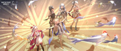 5girls absurdres bare_shoulders black_boots black_collar black_dress black_flower black_gloves black_hair black_thighhighs blake_bloom_(wuthering_waves) blonde_hair boots bow breasts camellya_(wuthering_waves) carlotta_(wuthering_waves) cartethyia_(wuthering_waves) closed_eyes coat collar commentary copyright_notice crown_of_thorns dress elbow_pads english_commentary female_rover_(wuthering_waves) flower from_above gloves hair_bow hair_flower hair_ornament hair_vines hand_grab hand_up highres jacket jinhsi_(wuthering_waves) large_breasts logo long_hair looking_at_another medium_breasts multiple_girls official_art open_mouth pantyhose pink_bow pink_jacket pink_thighhighs rover_(wuthering_waves) sandals short_hair sideless_dress single_leg_pantyhose sleeveless sleeveless_dress smile tabard thigh_boots thighhighs thighhighs_under_boots white_coat white_collar white_dress white_hair white_pantyhose white_tabard wuthering_waves