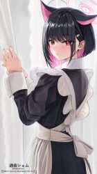 1girl absurdres alternate_costume animal_ears apron artist_name bed_sheet black_dress black_hair blue_archive blush cat_ears cat_girl colored_inner_animal_ears colored_inner_hair commentary_request dress extra_ears from_behind halo highres kazusa_(blue_archive) looking_at_viewer looking_back maid maid_apron multicolored_hair paid_reward_available pink_hair pink_halo revision sheet_grab shem_kako short_hair smile solo white_apron