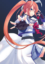 Rule 34 | 00s, 1girl, black gloves, blue eyes, blush, bow, bowtie, female focus, fingerless gloves, gin (ginshari), gloves, jewelry, looking at viewer, lyrical nanoha, magical girl, mahou shoujo lyrical nanoha, mahou shoujo lyrical nanoha strikers, necklace, outstretched arm, outstretched hand, pov, purple eyes, raising heart, red bow, red bowtie, red hair, solo, spread fingers, takamachi nanoha, thighhighs, twintails, uniform, waist cape, white devil