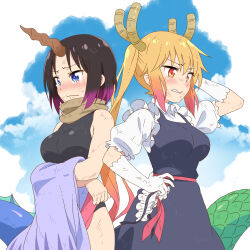 2girls anime_coloring apron back-to-back bare_shoulders black_dress black_hair black_tank_top blonde_hair blue_eyes blue_sky blush breasts closed_mouth clothes_grab cloud cloudy_sky cowboy_shot dragon_girl dragon_horns dragon_tail dress elbow_gloves elma_(maidragon) frills frown gloves gradient_hair hand_on_own_chest hand_on_own_head highres horns kagero_(plusup) kobayashi-san_chi_no_maidragon looking_to_the_side maid maid_headdress multicolored_hair multiple_girls orange_eyes own_hands_together puffy_sleeves scarf shirt short_hair short_sleeves sidelocks single_horn sky sleeveless sportswear standing tail tank_top tears teeth tohru_(maidragon) twintails white_shirt
