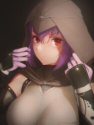 1girl absurdres adjusting_hood ayane_(doa) black_background breasts closed_mouth commentary dead_or_alive elbow_gloves english_commentary gloves hair_between_eyes highres hood hood_up large_breasts looking_at_viewer medium_hair numanoan purple_gloves purple_hair red_eyes solo upper_body