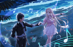 1boy 1girl arm_behind_back armpit_crease bare_legs bare_shoulders black_gloves black_hair black_jacket black_pants blonde_hair blue_butterfly blue_eyes breasts bug butterfly cartethyia_(wuthering_waves) chain chinese_commentary cleavage closed_mouth commentary_request earrings eye_contact gloves grey_shirt hand_grab highres holy_guagua insect jacket jewelry legs long_hair looking_at_another male_rover_(wuthering_waves) medium_breasts musical_note ocean official_alternate_costume pants pink_shirt pointy_ears rover_(wuthering_waves) sand shirt shore sidelocks skirt smile very_long_hair white_skirt wuthering_waves yellow_eyes