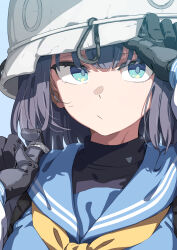 Rule 34 | 1girl, :/, absurdres, black gloves, blue archive, blue shirt, blunt bangs, csham, gloves, helmet, highres, looking at viewer, neckerchief, purple hair, saki (blue archive), school uniform, serafuku, shirt, short hair, solo, upper body, white helmet, yellow neckerchief