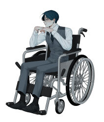 1boy absurdres alternate_costume black_necktie black_shoes black_socks blue_hair collared_shirt commentary_request formal_clothes full_body grey_pants grey_vest hands_up highres long_sleeves looking_to_the_side maelo male_focus meguriya_ayumu necktie own_hands_together pants profile shirt shoes short_hair simple_background sitting smile socks solo suit toshi_densetsu_kaitai_center vest wheelchair white_background white_shirt