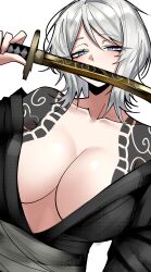 1girl absurdres black_kimono blue_eyes breasts collarbone commentary_request faust_(project_moon) grey_hair highres holding holding_sword holding_weapon japanese_clothes katana kimono large_breasts limbus_company project_moon short_hair shoulder_tattoo simple_background solo sword tattoo upper_body vvernerluniq weapon white_background