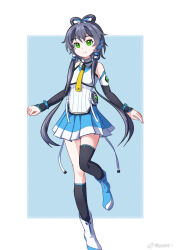 Rule 34 | 1girl, asymmetrical legwear, bare shoulders, black socks, black thighhighs, blue boots, boots, chinese commentary, elbow gloves, fingerless gloves, full body, gloves, green eyes, grey hair, hair ornament, hair rings, highres, long hair, looking at viewer, luo tianyi, luo tianyi v4, necktie, pleated skirt, pointzhu, ribbon, shoes, short hair with long locks, simple background, skirt, socks, solo, standing, standing on one leg, thighhighs, twintails, uneven legwear, vocaloid, vsinger (vocaloid), watermark, weibo username, weibo watermark, white boots, white ribbon, yellow necktie