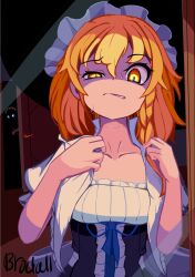 2girls alice_margatroid artist_name blonde_hair blue_eyes braid brodall_pixel corset door glowing glowing_eyes grin hair_between_eyes hairband hat highres kirisame_marisa lolita_hairband long_hair looking_at_another looking_at_mirror looking_at_viewer mirror multiple_girls open_door scar scar_on_neck shirt short_sleeves smile touhou white_shirt witch_hat yellow_eyes