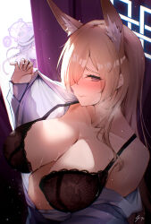 2girls ? animal_ear_fluff animal_ears black_bra blue_archive blue_shirt blush bra braid breasts collarbone extra_ears front-hook_bra hair_over_one_eye halo highres huge_breasts kanna_(blue_archive) kirino_(blue_archive) lace lace-trimmed_bra lace_trim long_hair looking_at_viewer multiple_girls one_eye_covered open_bra open_clothes open_shirt sea_nami shirt signature solo_focus spoken_question_mark straight_hair sweat twin_braids underwear upper_body
