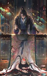 2boys arms_up bishounen black_hair blue_robe blue_sash blush bug butterfly chinese_clothes chinese_commentary chu_wanning closed_eyes collarbone commentary_request erha_he_tadebai_mao_shizun eyelashes falling_petals glowing_butterfly gold_trim hair_between_eyes hair_ornament high_ponytail highres holding holding_paintbrush indoors insect kingchenxi lamp lattice long_hair long_sleeves looking_at_viewer male_focus mo_ran multiple_boys open_clothes open_robe paint paintbrush paintbrush_rack parted_bangs parted_lips pectorals petals ponytail red_rope robe rope sash scroll sidelocks smile standing table through_medium through_painting upside-down vambraces white_robe wide_sleeves wooden_floor yellow_eyes
