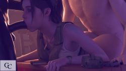 Rule 34 | 1girl, 2boys, 3d, animated, ass, claire redfield, clothed female nude male, dark-skinned male, dark skin, fellatio, from side, grand cupido, group sex, head out of frame, hetero, highres, interracial, looping animation, mmf threesome, multiple boys, nude, oral, penis, ponytail, resident evil, resident evil 2, sex, sound, spitroast, threesome, video