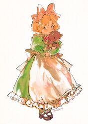 1girl apron artist_name black_shoes blush bow bowtie dress full_body green_dress grey_eyes hair_bow highres holding holding_stuffed_toy iris_chateaubriand juliet_sleeves long_sleeves orange_hair pink_bow puffy_sleeves red_bow red_bowtie sakura_taisen shoes short_hair simple_background solo standing stuffed_animal stuffed_toy teddy_bear ueno_zousui white_apron white_background