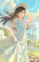 1girl absurdres aqua_eyes arm_up bead_bracelet bead_necklace beads blue_sky blurry bracelet brown_hair closed_mouth cloud commentary day depth_of_field deukdo dress dutch_angle empire_waist english_commentary falling_petals flower fountain grass hat highres jewelry light_smile lips long_hair looking_at_viewer necklace original outdoors petals pink_flower see-through_clothes see-through_shawl shawl short_sleeves skirt_hold sky solo white_dress white_hat white_petals white_shawl wind