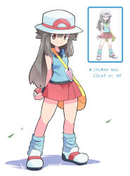 1girl blue_tank_top brown_eyes brown_hair bucket_hat closed_mouth full_body hat highres holding holding_poke_ball leaf_(pokemon) long_hair looking_at_viewer loose_socks miniskirt nintendo poke_ball poke_ball_(basic) pokemon pokemon_frlg rascal_(feuille) red_skirt shadow simple_background skirt smile socks solo tank_top vs_seeker white_background white_hat wristband yellow_bag