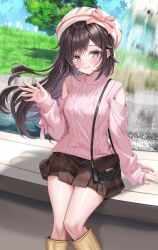 1girl azato_jk_(yugaa) bare_shoulders blush boots breasts brown_skirt erin_(sherryseraph) fountain hat highres long_sleeves looking_at_viewer medium_breasts original outdoors pink_sweater sitting skirt smile solo sweater yellow_boots