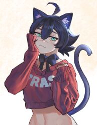 1girl :3 ahoge animal_ear_fluff animal_ears arm_up black_bow black_choker black_hair black_tail borrowed_character bow bow_choker breasts cat_ears cat_girl cat_tail choker clothes_writing commentary cropped_sweater curled_fingers curled_tail double-parted_bangs english_commentary english_text flipped_hair gift_art green_eyes hair_between_eyes half-closed_eyes hand_on_own_cheek hand_on_own_face hand_up head_tilt highres long_eyelashes long_sleeves looking_at_viewer midriff mole mole_under_mouth navel original print_sweater raised_eyebrows red_sweater scar scar_on_face scar_on_nose short_hair sidelocks single_sleeve_past_fingers sleeves_past_wrists slit_pupils small_breasts smile smug solo sweater tail tail_raised thick_eyelashes upper_body vertigris white_background wide_hips