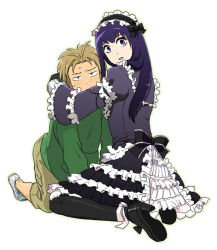 Rule 34 | 2boys, black hair, blonde hair, blush, caught, crossdressing, crossdressing (mtf), dress, frilled dress, frills, gloves, goth fashion, gothic lolita, high heels, hug, lipstick, lolita fashion, long hair, makeup, moyashimon, multiple boys, ribbon, sasaki (crouton), sawaki souemon tadayasu, seiza, simple background, sitting, thighhighs, trap, yuuki kei
