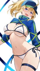 Rule 34 | 1girl, ahoge, artoria pendragon (fate), bamboo tac, baseball cap, bikini, blue eyes, blue hat, blue shrug, blush, breasts, cleavage, fate/grand order, fate (series), hat, highres, large breasts, long hair, long sleeves, looking at viewer, mysterious heroine xx (fate), navel, open mouth, ponytail, shrug (clothing), smile, solo, swimsuit, thigh strap, white bikini
