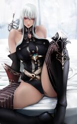 1girl absurdres akanui arm_support bare_shoulders bed_sheet boots breasts detached_sleeves highres holding holding_behind_back holding_sword holding_sword_behind_back holding_weapon holding_weapon_behind_back knee_boots large_breasts long_hair looking_at_viewer military military_uniform pink_eyes selvaria_bles senjou_no_valkyria senjou_no_valkyria_(series) senjou_no_valkyria_1 sitting sword weapon white_hair