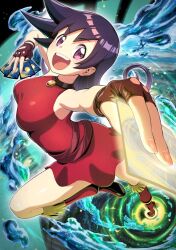 1girl :d arm_strap bare_shoulders belt breasts card choker commentary deck_of_cards dress duel_masters english_commentary fingerless_gloves full_body gloves holding holding_card kukunokuno long_hair looking_at_viewer medium_breasts open_mouth playing_card pouch purple_hair short_dress sideways_glance skirt sleeveless smile solo tasogare_mimi
