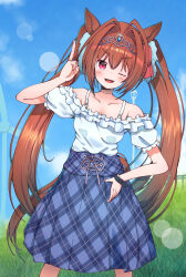 1girl ;d animal_ears bare_shoulders blue_skirt blue_sky blush breasts brown_hair cleavage cloud collarbone commentary_request daiwa_scarlet_(umamusume) day fang fence frilled_shirt frills grass hair_between_eyes hair_intakes hand_on_own_hip hand_up highres horse_ears horse_girl horse_tail index_finger_raised lamppost long_hair medium_breasts off-shoulder_shirt off_shoulder one_eye_closed open_mouth outdoors plaid_clothes plaid_skirt pleated_skirt puffy_short_sleeves puffy_sleeves rakugakiraid red_eyes shirt short_sleeves skirt sky smile solo tail tiara twintails umamusume very_long_hair white_shirt