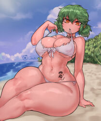 1girl artist_name beach bikini breasts covered_erect_nipples green_hair highres hikage_(senran_kagura) large_breasts ourobot sand senran_kagura sky swimsuit swimwear tagme thick_thighs thighs tree wide_hips yellow_eyes