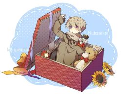 1boy aged_down axis_powers_hetalia box bright_pupils brown_coat chinese_commentary closed_mouth coat commentary_request english_text expressionless flower grey_hair grey_scarf hair_between_eyes in_box in_container long_sleeves male_focus matryoshka_doll nutcracker russia_(hetalia) scarf short_hair sitting sleeves_past_wrists solo stuffed_animal stuffed_toy sunflower teddy_bear white_pupils yuezhuanlang