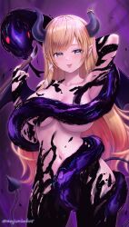 1girl absurdres blonde_hair blue_eyes breasts chinese_zodiac commentary cow cowboy_shot demon_girl demon_horns demon_tail highres holding holding_brush hololive horns isekai:_demon_waifu large_breasts navel nude pointy_ears purple_background shadow snake solo_focus tail tongue virtual_youtuber wajuniorbox year_of_the_snake yuzuki_choco
