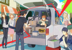 3boys 4girls amamiya_ren arms_up bag black_cat black_hair blonde_hair blue_hair boots bottle box brown_hair building car_trunk cardboard_box cat cellphone closed_mouth day eunjae_rice eyewear_on_head glasses hashtag-only_commentary headphones highres holding holding_phone jar kitagawa_yuusuke morgana_(persona_5) multiple_boys multiple_girls niijima_makoto okumura_haru opaque_glasses orange_hair outdoors pants persona persona_5 persona_5_scramble:_the_phantom_strikers phone sakamoto_ryuuji sakura_futaba shirt short_sleeves sitting spring_onion takamaki_anne twitter_username