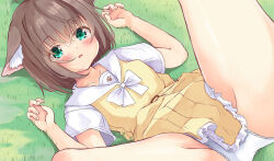 1girl animal_ear_fluff animal_ears arm_up blush bow brown_hair cat_ears collarbone commentary_request dress green_eyes hair_between_eyes hand_up lying manabe_mana on_back on_grass original paid_reward_available panties parted_lips pleated_dress sailor_collar shirt short_sleeves solo spread_legs underwear white_bow white_panties white_sailor_collar white_shirt yellow_dress