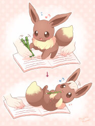 Rule 34 | 1other, :3, :d, arrow (symbol), artist name, blush, brown eyes, commentary request, disembodied hand, eevee, gen 1 pokemon, highres, holding, holding pencil, licking, mugita konomi, musical note, nintendo, notebook, open mouth, pencil, pink background, pokemon, pokemon (creature), polka dot, polka dot background, smile, writing