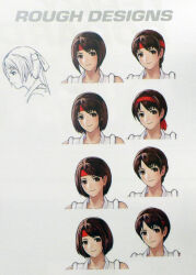 1girl braid braided_ponytail brown_eyes brown_hair dougi female_focus hair_ornament hairband headband karate_gi long_hair medium_hair pale_skin ponytail short_hair single_braid smiley_face the_king_of_fighters yuri_sakazaki