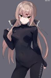 1girl alternate_costume black_bodysuit bodysuit breasts brown_eyes brown_hair character_name cyrillic english_text engrish_text grey_background highres kantai_collection long_hair looking_at_viewer low_twintails medium_breasts miron_(mirona33) ranguage russian_text simple_background solo standing tashkent_(kancolle) twintails typo