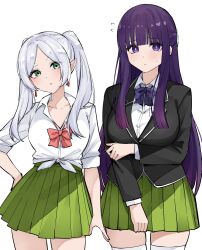 2girls alternate_costume black_vest bow bowtie breasts collarbone commentary_request cowboy_shot earrings elf fern_(sousou_no_frieren) frieren green_skirt highres jewelry large_breasts long_hair mame1645 multiple_girls pleated_skirt pointy_ears purple_bow purple_bowtie purple_eyes purple_hair red_bow red_bowtie school_uniform shirt simple_background skirt small_breasts sousou_no_frieren thighhighs thighs twintails vest white_background white_hair white_shirt white_thighhighs zettai_ryouiki