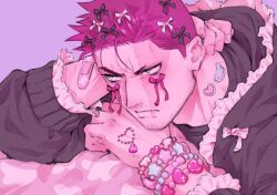 1boy adam&#039;s_apple bandaid bandaid_on_arm black_ribbon black_shirt blue_eyes boku_no_hero_academia bracelet burn_scar charm_(object) closed_mouth commentary endeavor_(boku_no_hero_academia) facial_hair frilled_hood frilled_sleeves frills hair_ribbon hand_on_own_neck heart hood hooded_shirt jewelry long_sleeves looking_to_the_side ma_(maa21maa) male_focus multiple_bracelets pink_bandaid pink_ribbon purple_background red_hair red_ribbon ribbon scar scar_on_face shirt short_sideburns sideways_glance simple_background solo star_(symbol) sticker sticker_on_neck symbol-only_commentary